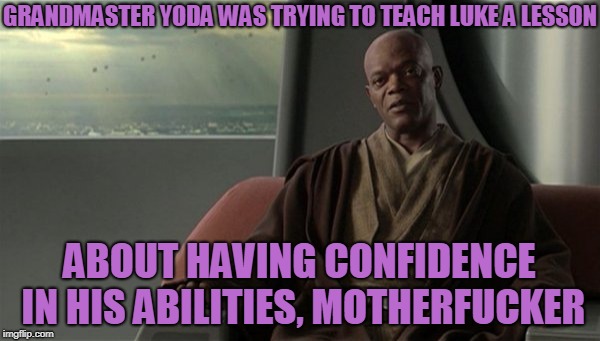 Mace Windu Jedi Council | GRANDMASTER YODA WAS TRYING TO TEACH LUKE A LESSON ABOUT HAVING CONFIDENCE IN HIS ABILITIES, MOTHERF**KER | image tagged in mace windu jedi council | made w/ Imgflip meme maker