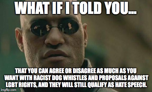 Matrix Morpheus Meme | WHAT IF I TOLD YOU... THAT YOU CAN AGREE OR DISAGREE AS MUCH AS YOU WANT WITH RACIST DOG WHISTLES AND PROPOSALS AGAINST LGBT RIGHTS, AND THE | image tagged in memes,matrix morpheus | made w/ Imgflip meme maker