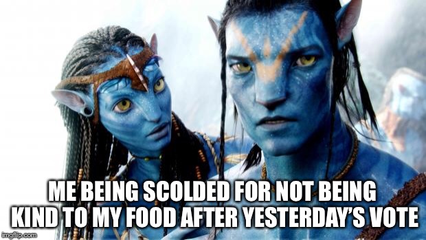 You have to be kind to your food in CA | ME BEING SCOLDED FOR NOT BEING KIND TO MY FOOD AFTER YESTERDAY’S VOTE | image tagged in avatar azul o dorado | made w/ Imgflip meme maker