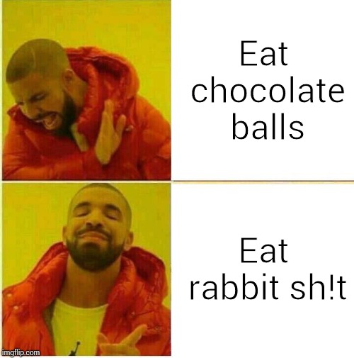 Drake Hotline approves | Eat chocolate balls; Eat rabbit sh!t | image tagged in drake hotline approves | made w/ Imgflip meme maker