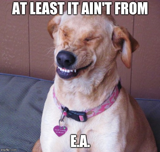 laughing dog | AT LEAST IT AIN'T FROM E.A. | image tagged in laughing dog | made w/ Imgflip meme maker