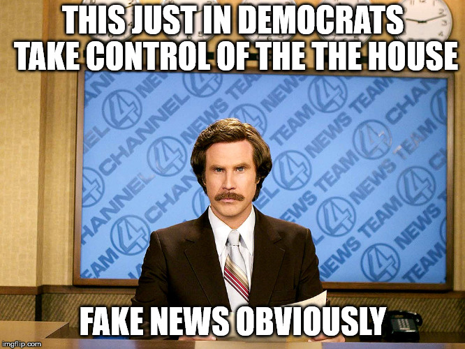 Ron Burgandy | THIS JUST IN DEMOCRATS TAKE CONTROL OF THE THE HOUSE; FAKE NEWS OBVIOUSLY | image tagged in ron burgandy | made w/ Imgflip meme maker