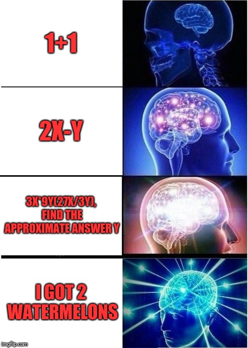 Expanding Brain Meme | 1+1; 2X-Y; 3X*9Y(27X/3Y), FIND THE APPROXIMATE ANSWER Y; I GOT 2 WATERMELONS | image tagged in memes,expanding brain | made w/ Imgflip meme maker