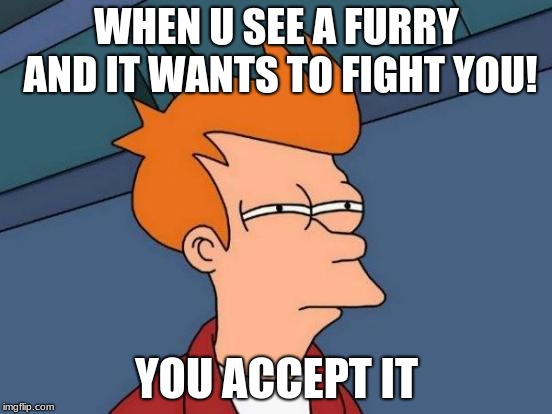 Futurama Fry | WHEN U SEE A FURRY AND IT WANTS TO FIGHT YOU! YOU ACCEPT IT | image tagged in memes,futurama fry | made w/ Imgflip meme maker