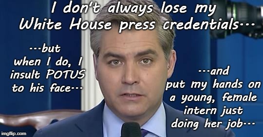 I don't always... | I don't always lose my White House press credentials... ...but when I do, I insult POTUS to his face... ...and put my hands on a young, female intern just doing her job... | image tagged in lose,press credentials,jim acosta | made w/ Imgflip meme maker