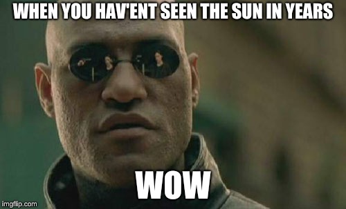Matrix Morpheus Meme | WHEN YOU HAV'ENT SEEN THE SUN IN YEARS; WOW | image tagged in memes,matrix morpheus | made w/ Imgflip meme maker