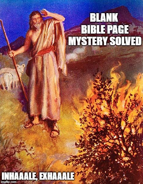 Moses Burning Bush | BLANK BIBLE PAGE MYSTERY SOLVED; INHAAALE, EXHAAALE | image tagged in moses burning bush | made w/ Imgflip meme maker