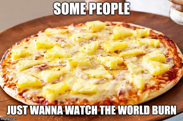 I personally like pineapple pizza | SOME PEOPLE; JUST WANNA WATCH THE WORLD BURN | image tagged in pineapple pizza | made w/ Imgflip meme maker