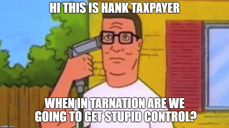Hank hill | HI THIS IS HANK TAXPAYER; WHEN IN TARNATION ARE WE GOING TO GET STUPID CONTROL? | image tagged in hank hill | made w/ Imgflip meme maker