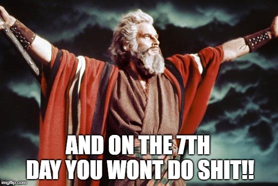 AND ON THE 7TH DAY YOU WONT DO SHIT!! | image tagged in punny moses | made w/ Imgflip meme maker