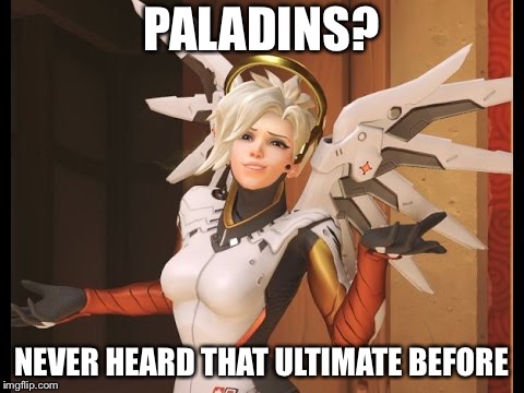 Shrug Mercy | PALADINS? NEVER HEARD THAT ULTIMATE BEFORE | image tagged in shrug mercy | made w/ Imgflip meme maker