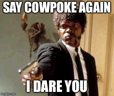 Say That Again I Dare You Meme | SAY COWPOKE AGAIN; I DARE YOU | image tagged in memes,say that again i dare you | made w/ Imgflip meme maker