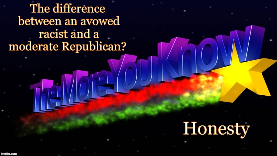 The difference between an avowed racist and a moderate Republican? Honesty | image tagged in republicans,racist,honesty,the more you know | made w/ Imgflip meme maker