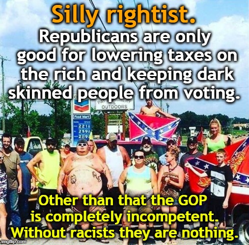 Silly rightist. Other than that the GOP is completely incompetent. Without racists they are nothing. Republicans are only good for lowering  | made w/ Imgflip meme maker