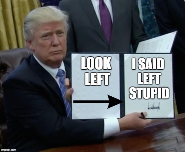 Trump Bill Signing Meme | LOOK LEFT; I SAID LEFT STUPID | image tagged in memes,trump bill signing | made w/ Imgflip meme maker