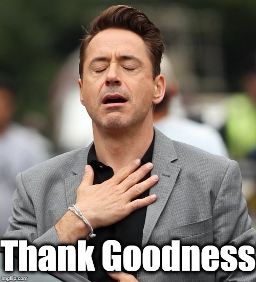 relieved rdj | Thank Goodness | image tagged in relieved rdj | made w/ Imgflip meme maker