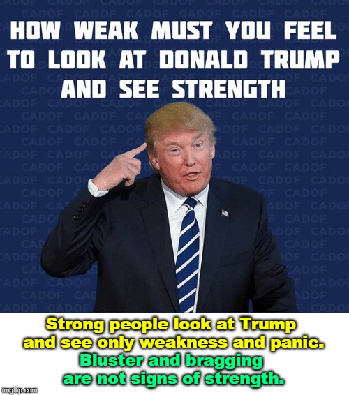 .Every action Trump takes against Mueller is out of weakness, not strength. | Strong people look at Trump and see only weakness and panic. Bluster and bragging are not signs of strength. | image tagged in trump,weak,strength,panic,bragging,bluster | made w/ Imgflip meme maker