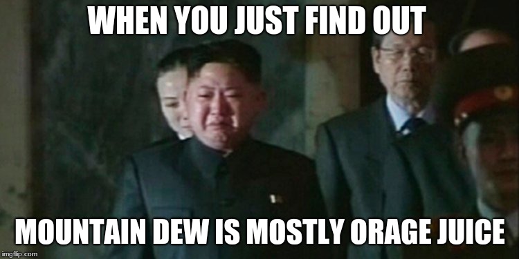 WHEN YOU JUST FIND OUT; MOUNTAIN DEW IS MOSTLY ORAGE JUICE | image tagged in kim jong un sad | made w/ Imgflip meme maker
