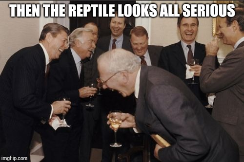 Laughing Men In Suits Meme | THEN THE REPTILE LOOKS ALL SERIOUS | image tagged in memes,laughing men in suits | made w/ Imgflip meme maker