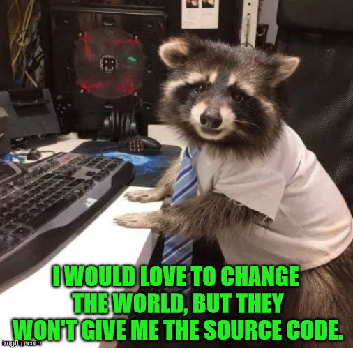 Change is hard if you can not program. | I WOULD LOVE TO CHANGE THE WORLD, BUT THEY WON'T GIVE ME THE SOURCE CODE. | image tagged in racoon,computer guy,bad joke,funny | made w/ Imgflip meme maker
