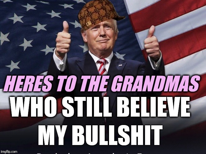 Donald Trump Thumbs Up | HERES TO THE GRANDMAS; WHO STILL BELIEVE; MY BULLSHIT | image tagged in donald trump thumbs up,scumbag | made w/ Imgflip meme maker