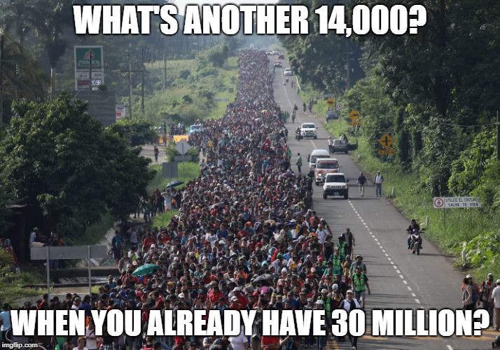 Migrant Caravan | WHAT'S ANOTHER 14,000? WHEN YOU ALREADY HAVE 30 MILLION? | image tagged in migrant caravan | made w/ Imgflip meme maker