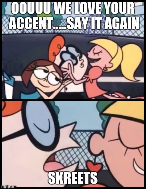 Say it Again, Dexter | OOUUU WE LOVE YOUR ACCENT.....SAY IT AGAIN; SKREETS | image tagged in say it again dexter | made w/ Imgflip meme maker