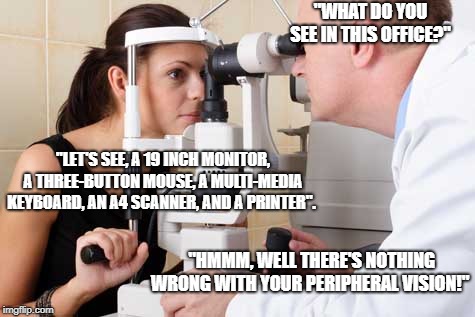 "WHAT DO YOU SEE IN THIS OFFICE?"; "LET'S SEE, A 19 INCH MONITOR, A THREE-BUTTON MOUSE, A MULTI-MEDIA KEYBOARD, AN A4 SCANNER, AND A PRINTER". "HMMM, WELL THERE'S NOTHING WRONG WITH YOUR PERIPHERAL VISION!" | image tagged in eyes | made w/ Imgflip meme maker