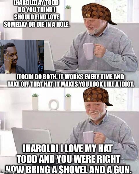 Hide the Pain Harold | [HAROLD] AY TODD DO YOU THINK I SHOULD FIND LOVE SOMEDAY OR DIE IN A HOLE. [TODD] DO BOTH. IT WORKS EVERY TIME AND TAKE OFF THAT HAT, IT MAKES YOU LOOK LIKE A IDIOT. [HAROLD] I LOVE MY HAT TODD AND YOU WERE RIGHT NOW BRING A SHOVEL AND A GUN. | image tagged in memes,hide the pain harold,scumbag | made w/ Imgflip meme maker