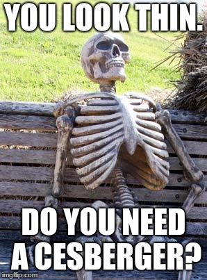 Waiting Skeleton | YOU LOOK THIN. DO YOU NEED A CESBERGER? | image tagged in memes,waiting skeleton | made w/ Imgflip meme maker