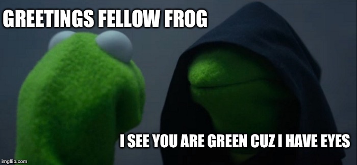 Evil Kermit | GREETINGS FELLOW FROG; I SEE YOU ARE GREEN CUZ I HAVE EYES | image tagged in memes,evil kermit | made w/ Imgflip meme maker