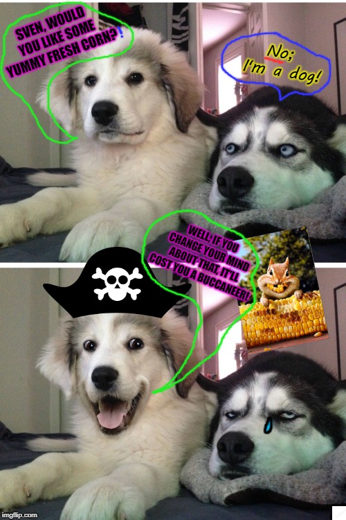Bad pun dogs | No; I'm a dog! SVEN, WOULD YOU LIKE SOME YUMMY FRESH CORN? WELL, IF YOU CHANGE YOUR MIND ABOUT THAT, IT'LL COST YOU A BUCCANEER! | image tagged in bad pun dogs | made w/ Imgflip meme maker