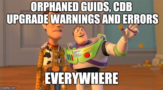 TOYSTORY EVERYWHERE | ORPHANED GUIDS, CDB UPGRADE WARNINGS AND ERRORS; EVERYWHERE | image tagged in toystory everywhere | made w/ Imgflip meme maker