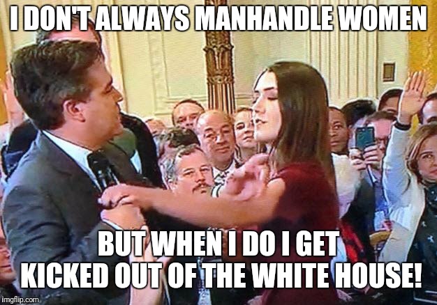 Jim Acosta the Accoster | I DON'T ALWAYS MANHANDLE WOMEN; BUT WHEN I DO I GET KICKED OUT OF THE WHITE HOUSE! | image tagged in jim acosta the accoster | made w/ Imgflip meme maker