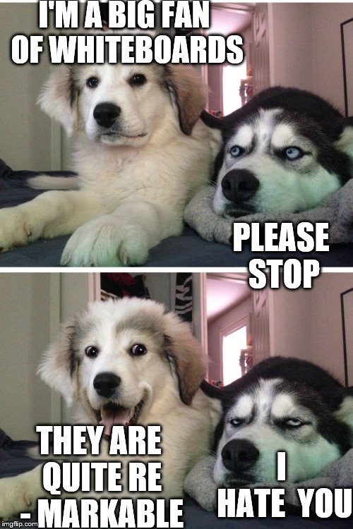 Bad pun dogs | I'M A BIG FAN OF WHITEBOARDS; PLEASE STOP; THEY ARE QUITE RE - MARKABLE; I HATE  YOU | image tagged in bad pun dogs | made w/ Imgflip meme maker