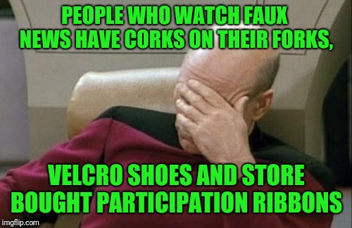 Captain Picard Facepalm Meme | PEOPLE WHO WATCH FAUX  NEWS HAVE CORKS ON THEIR FORKS, VELCRO SHOES AND STORE BOUGHT PARTICIPATION RIBBONS | image tagged in memes,captain picard facepalm | made w/ Imgflip meme maker