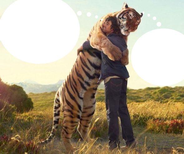 Man Hugging Tiger (w/ Text Clouds) Blank Meme Template