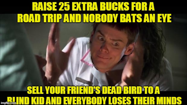 Bad Photoshop Sunday presents: It didn't have a head, but I took care of it | RAISE 25 EXTRA BUCKS FOR A ROAD TRIP AND NOBODY BATS AN EYE; SELL YOUR FRIEND'S DEAD BIRD TO A BLIND KID AND EVERYBODY LOSES THEIR MINDS | image tagged in bad photoshop sunday,lloyd christmas,and everybody loses their minds | made w/ Imgflip meme maker
