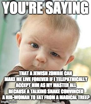 Religion is stupid | YOU'RE SAYING; THAT A JEWISH ZOMBIE CAN MAKE ME LIVE FOREVER IF I TELEPATHICALLY ACCEPT HIM AS MY MASTER ALL BECAUSE A TALKING SNAKE CONVINCED A RIB-WOMAN TO EAT FROM A MAGICAL TREE? | image tagged in confused baby,religion | made w/ Imgflip meme maker