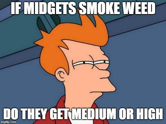 Futurama Fry Meme | IF MIDGETS SMOKE WEED; DO THEY GET MEDIUM OR HIGH | image tagged in memes,futurama fry | made w/ Imgflip meme maker