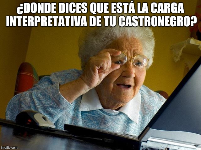 Grandma Finds The Internet Meme | ¿DONDE DICES QUE ESTÁ LA CARGA INTERPRETATIVA DE TU CASTRONEGRO? | image tagged in memes,grandma finds the internet | made w/ Imgflip meme maker