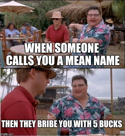See Nobody Cares Meme | WHEN SOMEONE CALLS YOU A MEAN NAME; THEN THEY BRIBE YOU WITH 5 BUCKS | image tagged in memes,see nobody cares | made w/ Imgflip meme maker