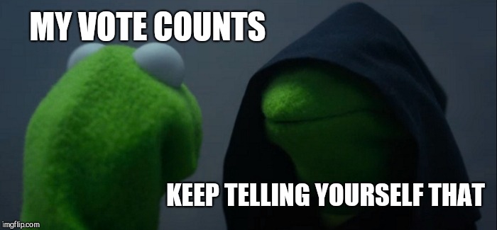 Evil Kermit | MY VOTE COUNTS; KEEP TELLING YOURSELF THAT | image tagged in memes,evil kermit | made w/ Imgflip meme maker