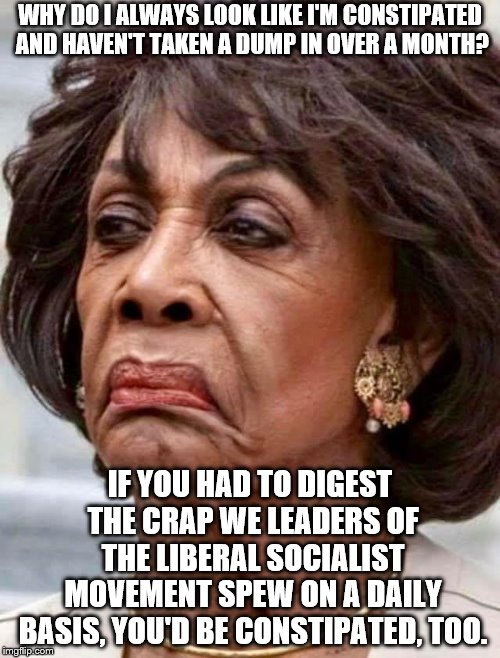 Maxine Waters | WHY DO I ALWAYS LOOK LIKE I'M CONSTIPATED AND HAVEN'T TAKEN A DUMP IN OVER A MONTH? IF YOU HAD TO DIGEST THE CRAP WE LEADERS OF THE LIBERAL SOCIALIST MOVEMENT SPEW ON A DAILY BASIS, YOU'D BE CONSTIPATED, TOO. | image tagged in maxine waters | made w/ Imgflip meme maker