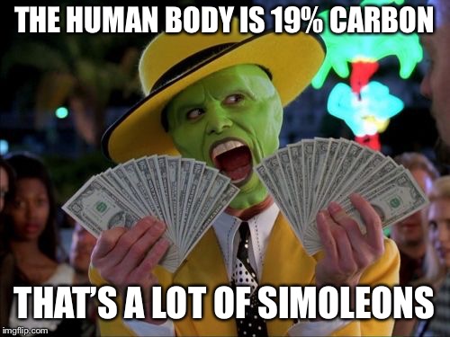 Money Money Meme | THE HUMAN BODY IS 19% CARBON THAT’S A LOT OF SIMOLEONS | image tagged in memes,money money | made w/ Imgflip meme maker