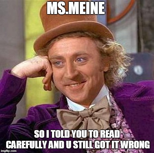 Creepy Condescending Wonka Meme | MS.MEINE; SO I TOLD YOU TO READ CAREFULLY AND U STILL GOT IT WRONG | image tagged in memes,creepy condescending wonka | made w/ Imgflip meme maker