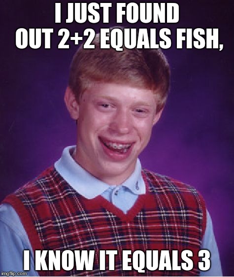 I don't give a crap | I JUST FOUND OUT 2+2 EQUALS FISH, I KNOW IT EQUALS 3 | image tagged in memes,bad luck brian | made w/ Imgflip meme maker