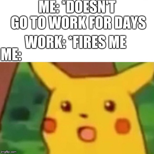 Surprised Pikachu Meme | ME: *DOESN'T GO TO WORK FOR DAYS; WORK: *FIRES ME; ME: | image tagged in surprised pikachu | made w/ Imgflip meme maker