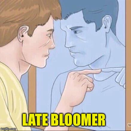 Pointing mirror guy | LATE BLOOMER | image tagged in pointing mirror guy | made w/ Imgflip meme maker