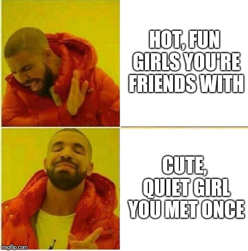 Attraction works in weird ways | HOT, FUN GIRLS YOU'RE FRIENDS WITH; CUTE, QUIET GIRL YOU MET ONCE | image tagged in drake hotline approves | made w/ Imgflip meme maker